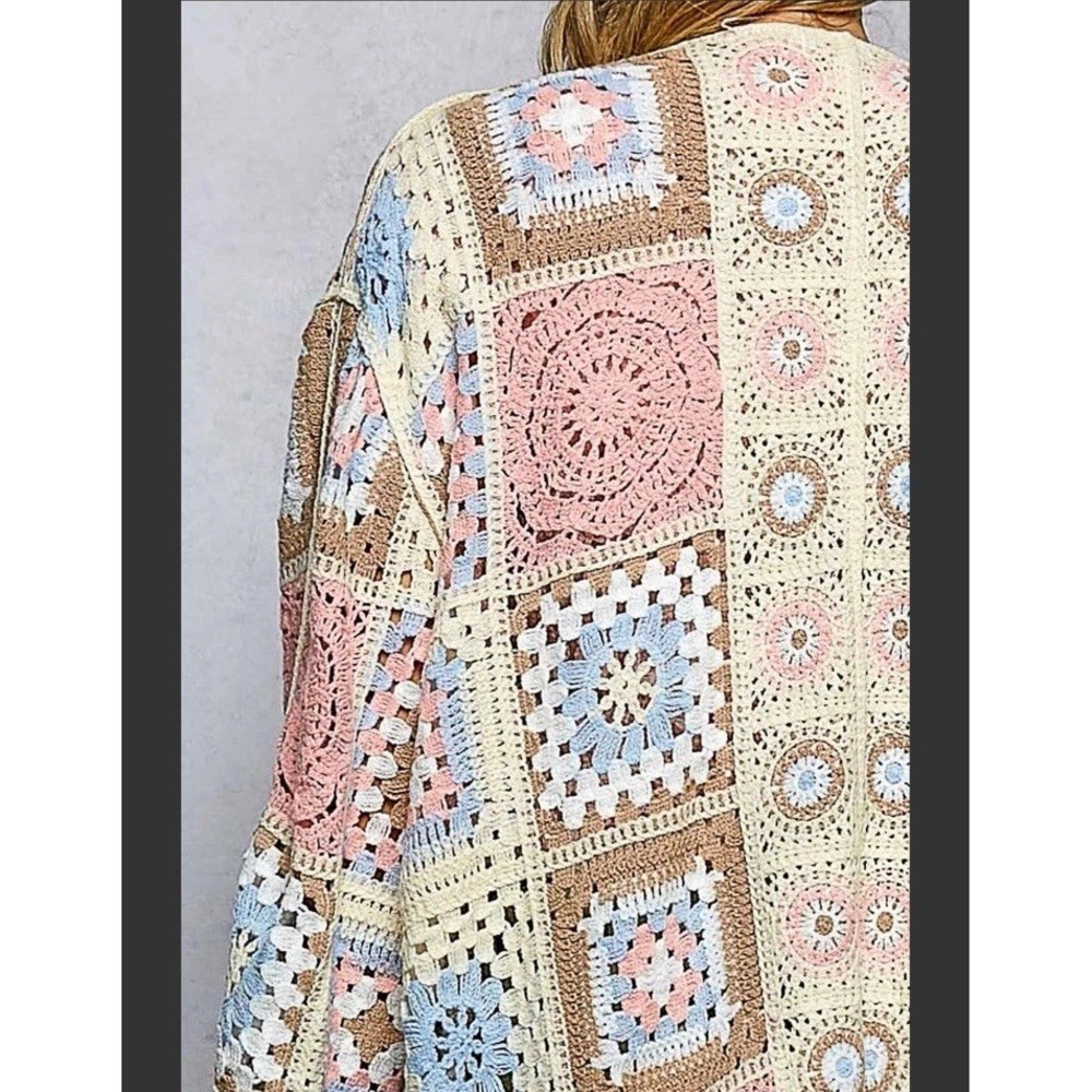 POL New Long Sleeve Granny Square Crochet Open Cardigan Pink One Size - Picture 6 of 7